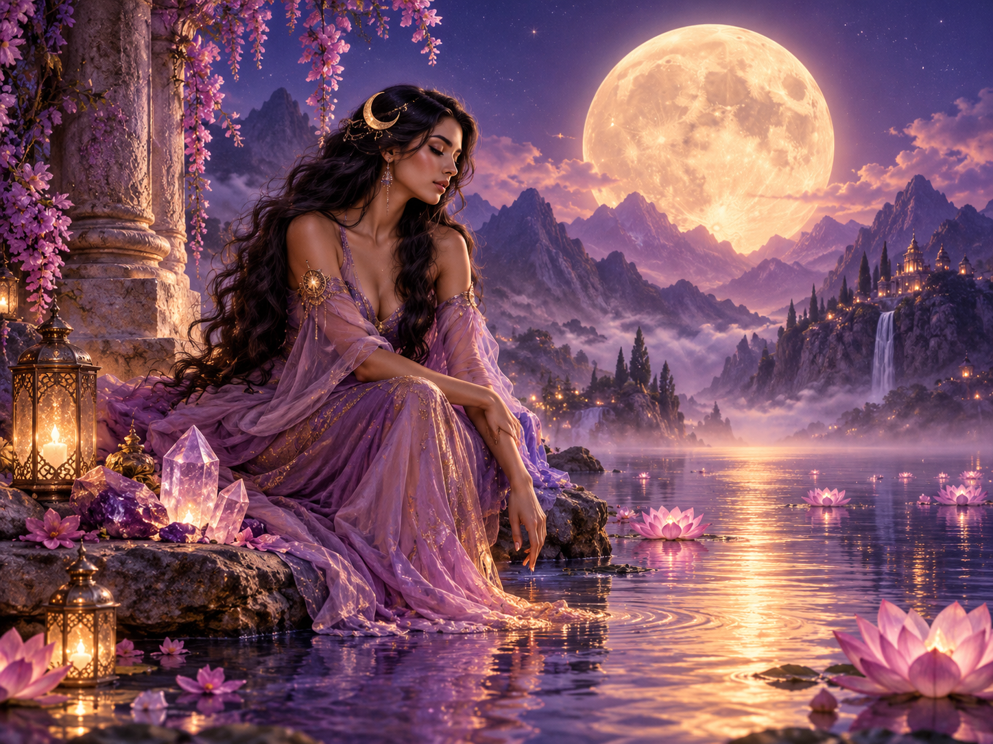 A woman in a lilac gown beside a lotus lake under a full moon