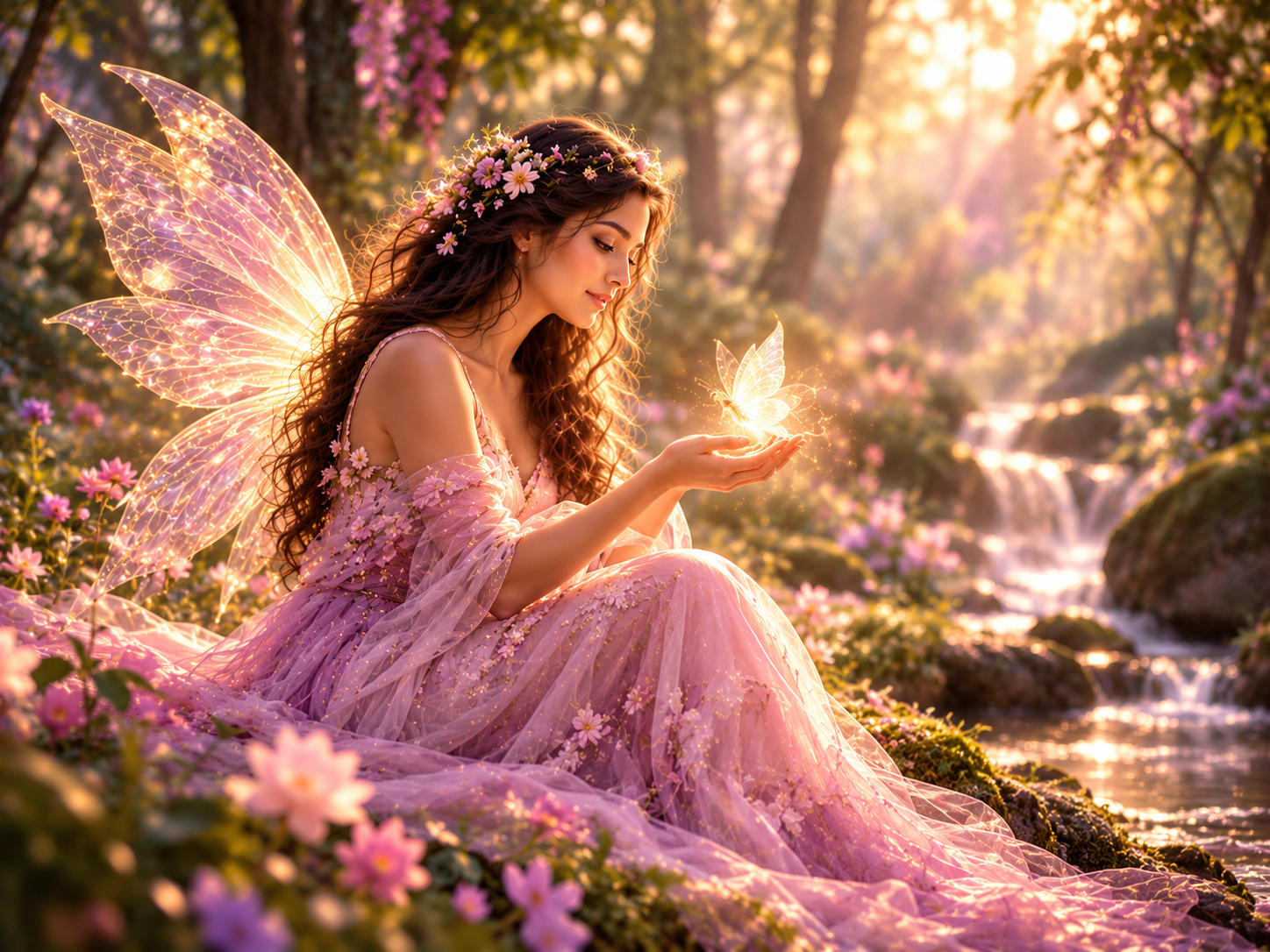 A fairy in a pink gown holding a glowing butterfly in a woodland