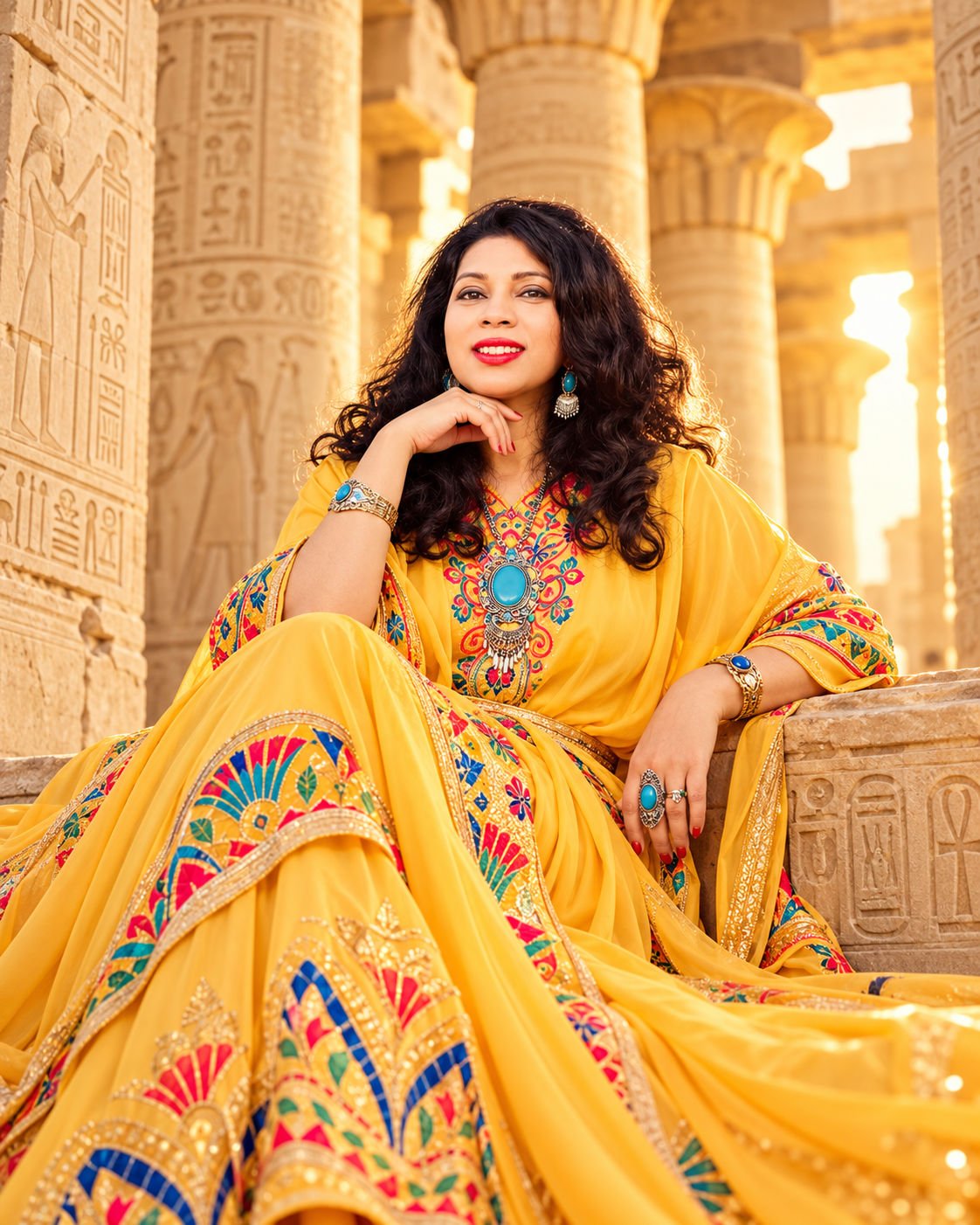 Dr. Bindu in a yellow gown among temple columns