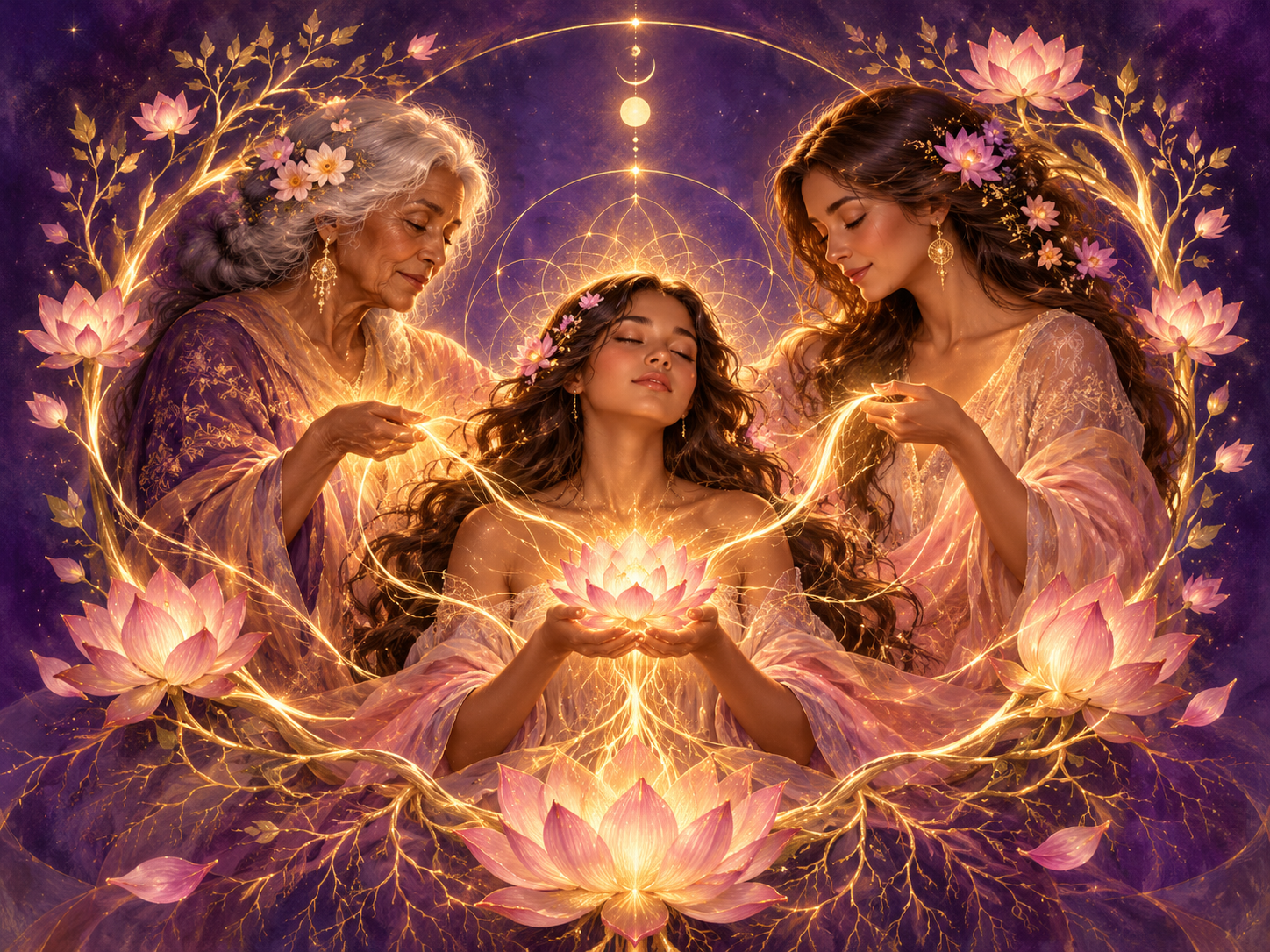 Three women across life stages joined by threads of golden light and lotus blossoms