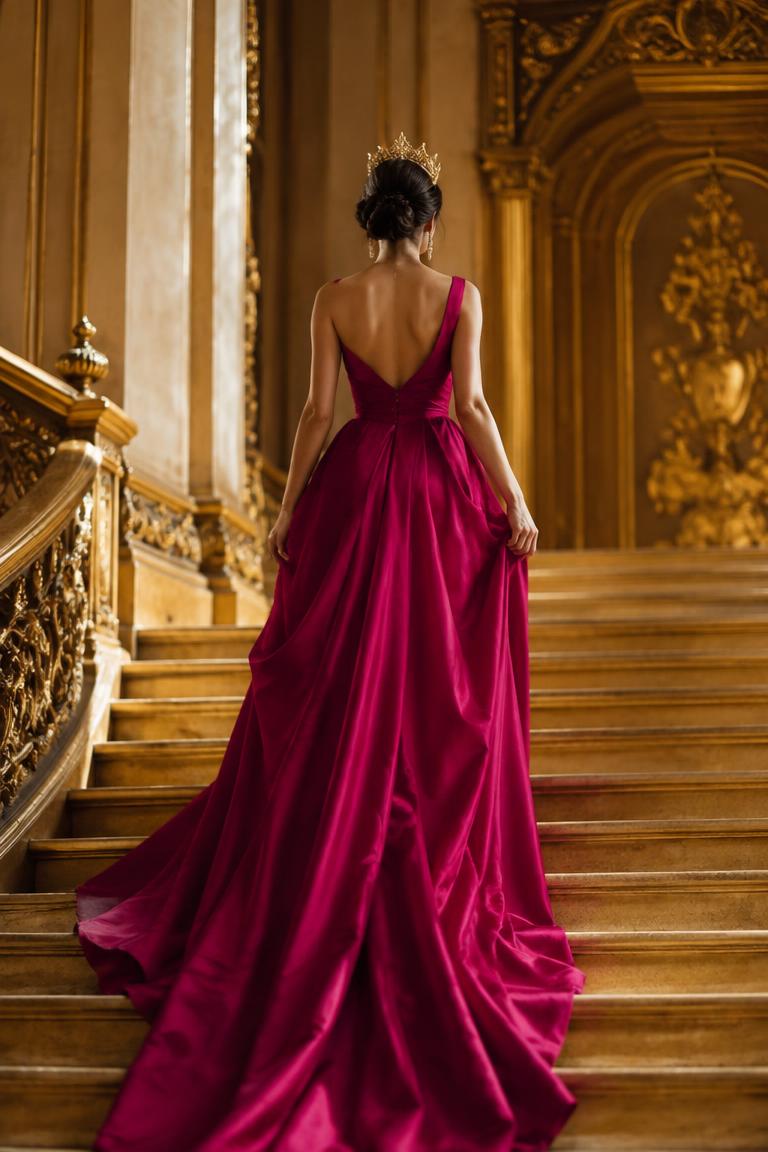 Dr. Bindu in a magenta gown on a golden staircase